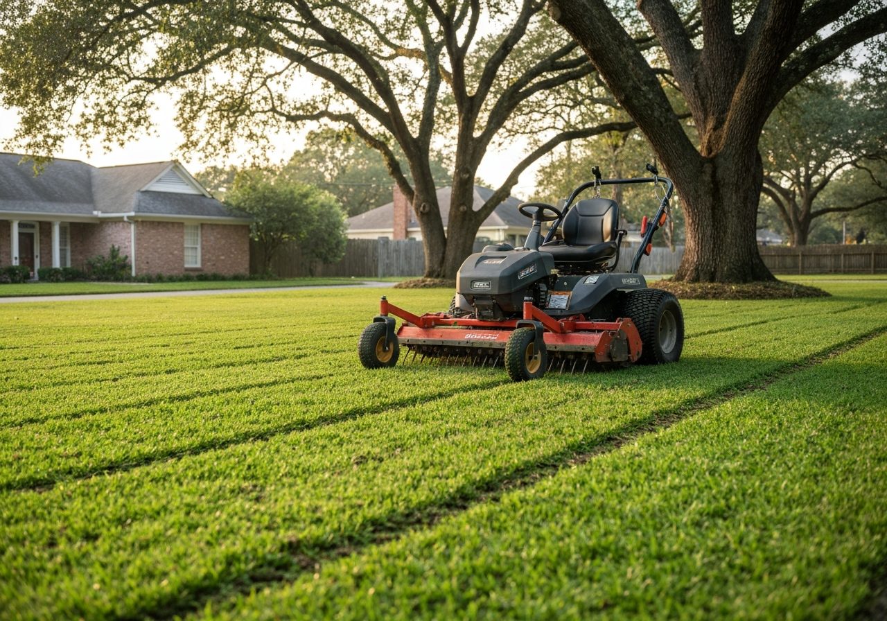 Lawn aeration being performed on a New Orleans property