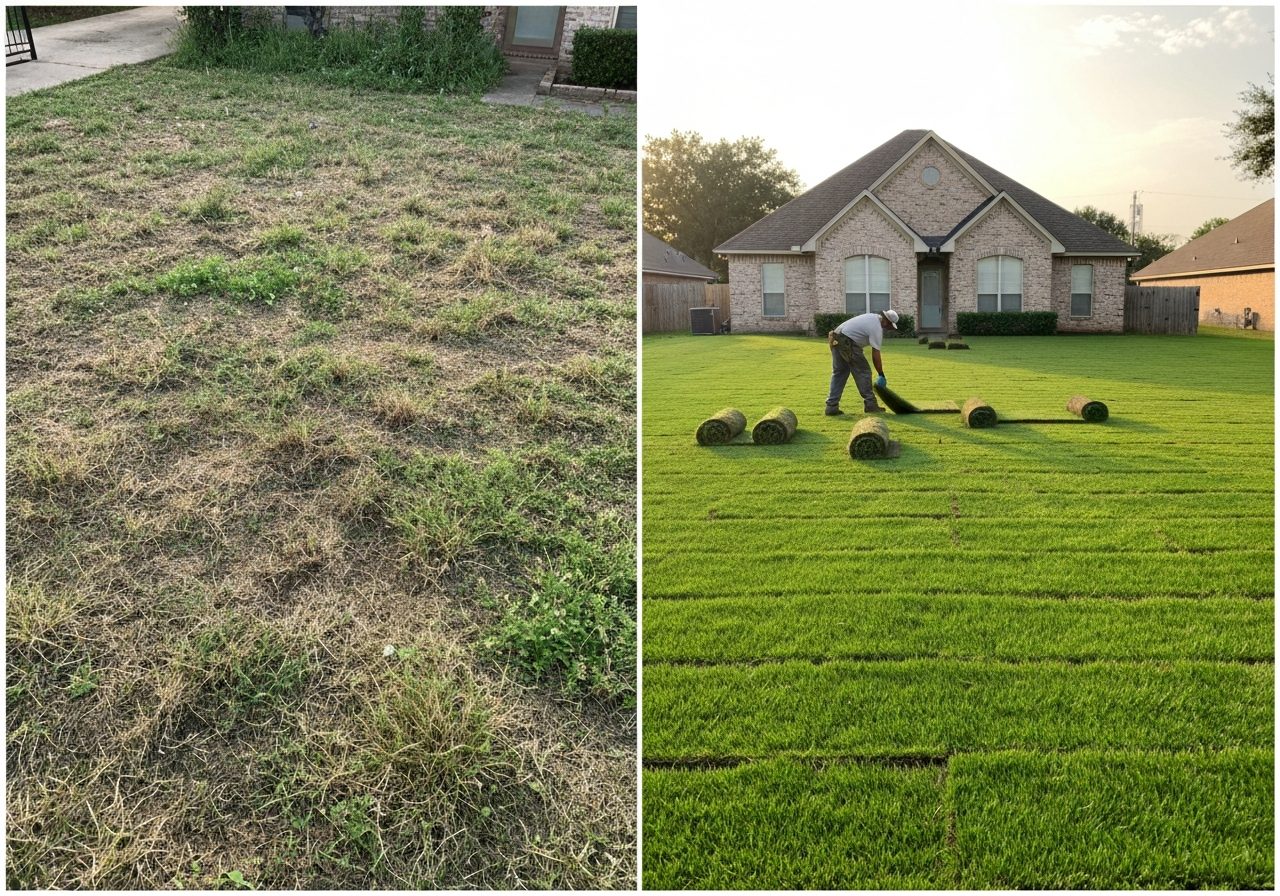Dead lawn being stripped for full sod replacement in New Orleans