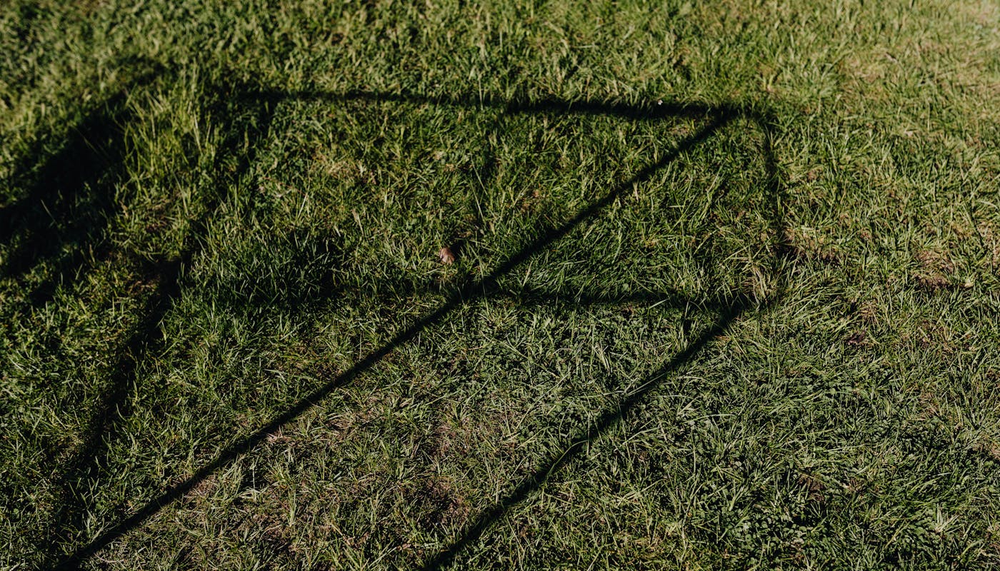 Hard edged shadow falling across a lawn, dividing brightly lit turf from turf in full shade