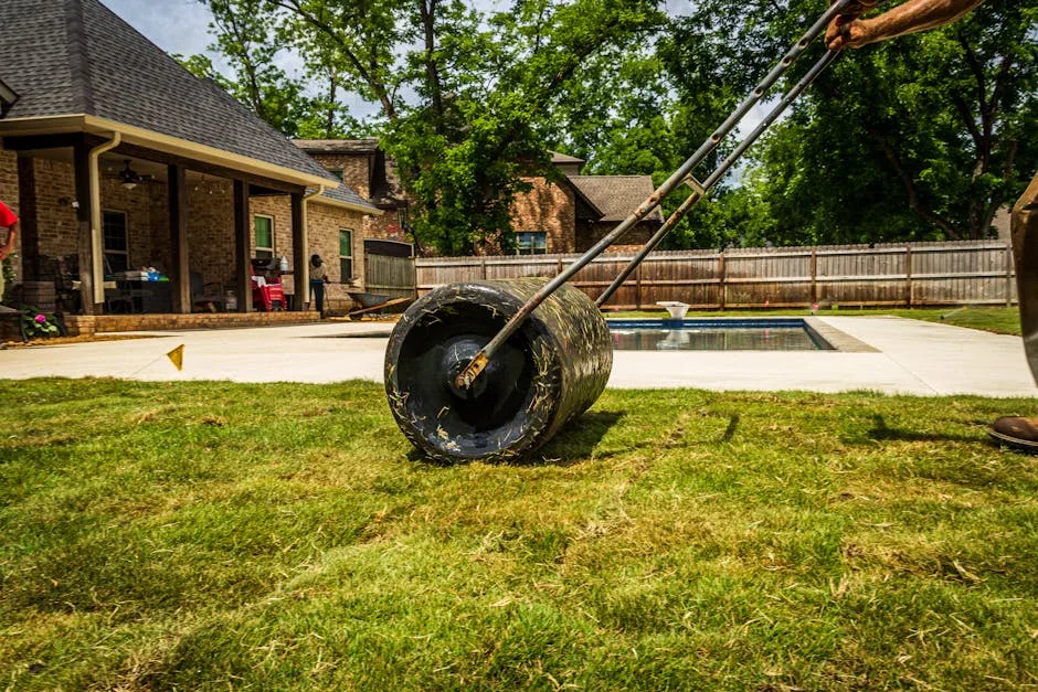 Step-by-step sod installation process showing crew rolling out grass pallets